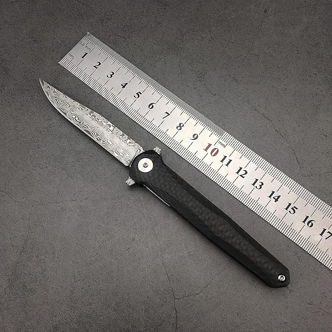 HUAAO Damascus Pocket Knife with Sheath, Gentleman Knife ceo Knife with 2.9’’ Damascus Blade, Carbon Fiber Handle, Liner Lock, Flipper Knife for EDC Outdoor Camping(black)