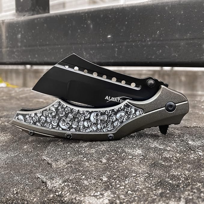 ALBATROSS Folding Pocket Knife, 3" Black Blade, 4.75" Aluminum Handle with the skull pattern, Liner Lock (Gray)