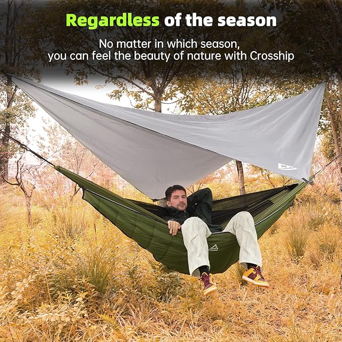 Camping Hammock with Mosquito Net and Rain Fly Tarp - 2 Person Hammock Tent, Portable Parachute Nylon Hammock for Outdoor, Hiking, Backpacking, Backyard, Beach, Travel (Hold Up to 500lbs)