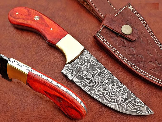 9.5" Long Full Tang Blade Skinning Knife, Rain Drop Pattern Straight Back Hand Forged Damascus Steel, Walnut Wood Scale with Brass Bolster, Cow Leather Sheath (Red)