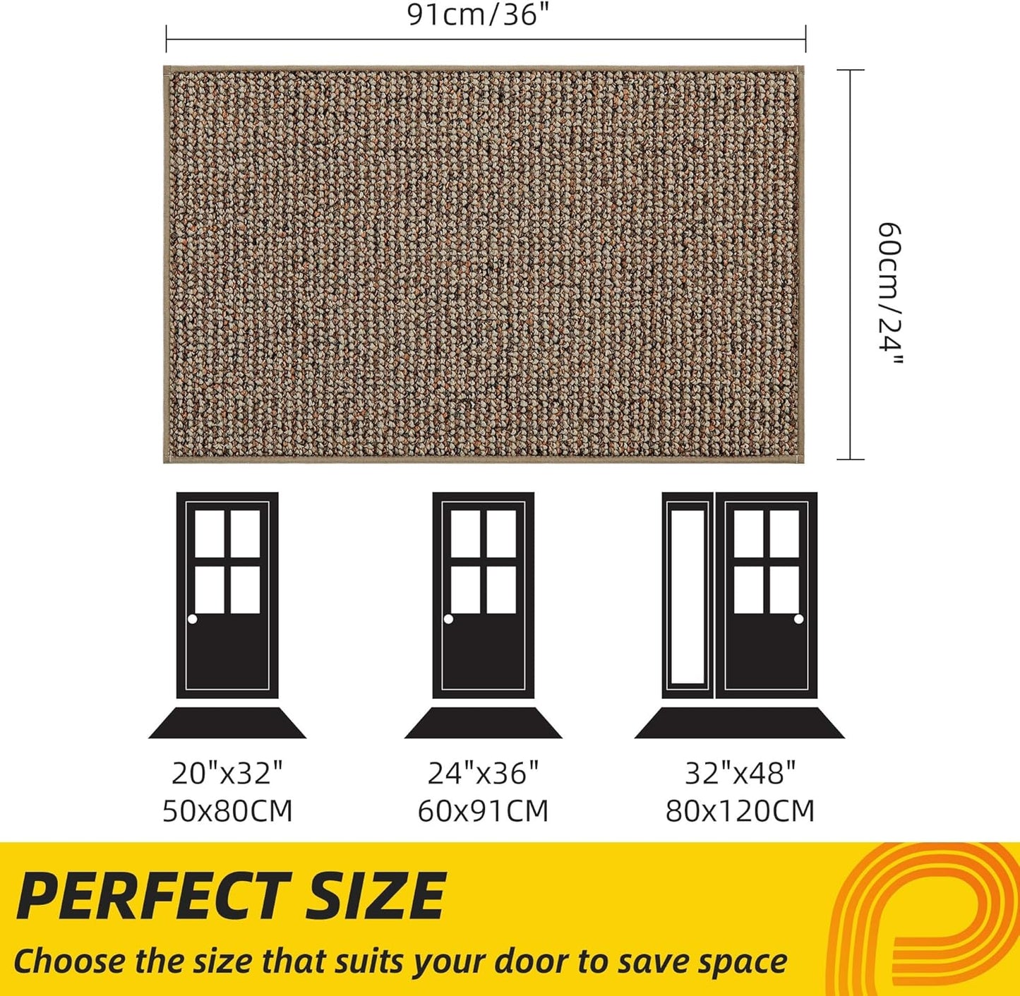 JSEI Dirt Trapper Door Mat 24"x36" Non-Slip Washable Entrance Mat, Dog Doormats, Absorbent & Fade-Resistant Floor Mats, Low Profile Welcome Mats for Entryway, Front Door, and Inside Entrance, Beige