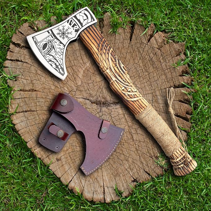 SK Handmade Viking Axe - Premium Hunting & Camping Tomahawk with Wood Handle & Leather Sheath for Men | Outdoor Survival Axe