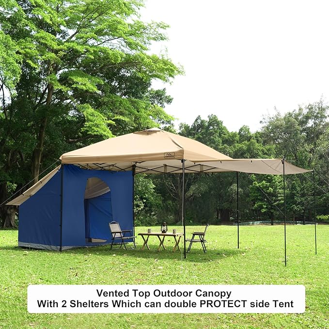 KAMPKEEPER 10x10 pop up Canopy Tent with 2 sidewalls Silver-Coated,Outdoor Canopy Tent for Parties with 2 Shelters,with 4 Poles, 4 Sandbags,8 Ropes,12 Stakes,and 1 Roller Bags