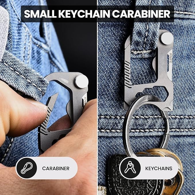Multitool Carabiner with Pocket knife, Small Multi Tools Keychain Clip, 6 in 1 Mini Titanium EDC Keychain with Bottle Opener, Box Cutter, Wrench, Screwdriver, Emergency Survival Gear for Men