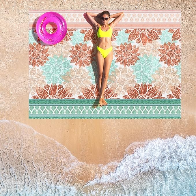 Beach Blanket Sandproof Extra Large Beach Mat Adults Waterproof Quick Drying Sand Free Mat Made by Premium Polyester with 4 Stakes & 4 Corner Pockets for Outdoor Travel Camping Hiking