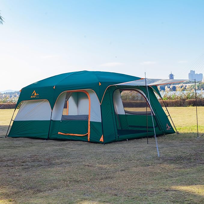 KTT Extra Large Tent 10-12-14 Person(Style-B),Family Cabin Tents,2 Rooms,3 Doors and 3 Windows with Mesh,Straight Wall,Waterproof,Double Layer,Big Tent for Outdoor,Picnic,Camping,Family Gathering