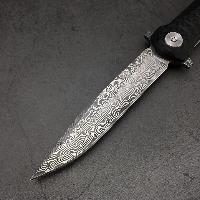 HUAAO Damascus Pocket Knife with Sheath, Gentleman Knife ceo Knife with 2.9’’ Damascus Blade, Carbon Fiber Handle, Liner Lock, Flipper Knife for EDC Outdoor Camping(black)