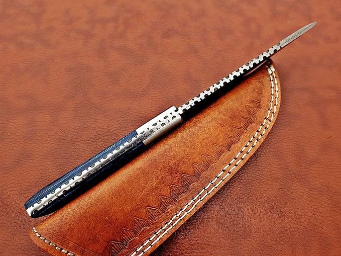 9.5" Walnut wood scale with steel bolster skinning Knife, full tang blade Rain drop pattern straight back hand forged Damascus steel, Cow Leather sheath (Brown) (Blue)