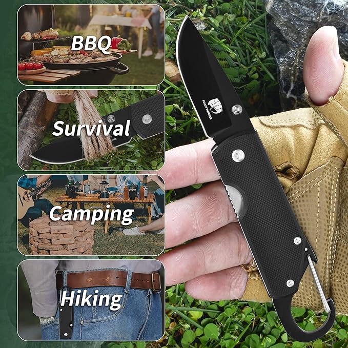 FULLHI Mini Folding Pocket Knife, 2.3" G10 Handle Small Knife with Carabiner Clip for Sharp Camping Survival Hiking Knives ,Gifts for Women Men Birthday Christmas Presents for Mom Dad Friend Gift (AK034)
