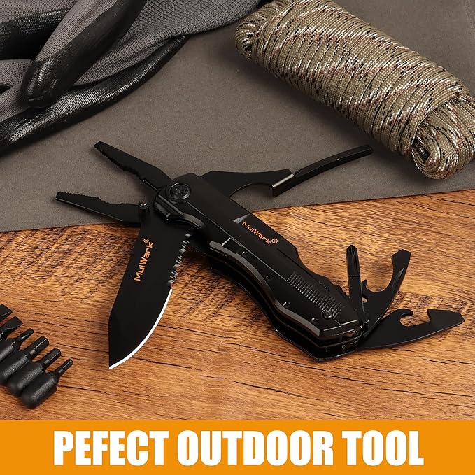 MULWARK Folding Multitool Pocket Knife 12 in 1 Survival Knife - Pocket Knife for Men - Gift for Men, Hunting Knife, Tactical Camping Knife - Black