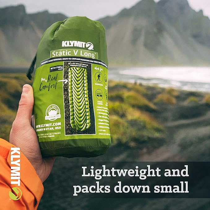 Klymit Static V Long Inflatable Sleeping Pad for Camping, Lightweight Hiking and Backpacking Air Bed For Tall Campers, 2.5 Inch Thick, Green