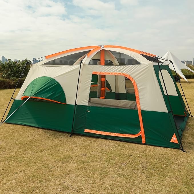 KTT Extra Large Tent 10-12-14 Person(Style-B),Family Cabin Tents,2 Rooms,3 Doors and 3 Windows with Mesh,Straight Wall,Waterproof,Double Layer,Big Tent for Outdoor,Picnic,Camping,Family Gathering