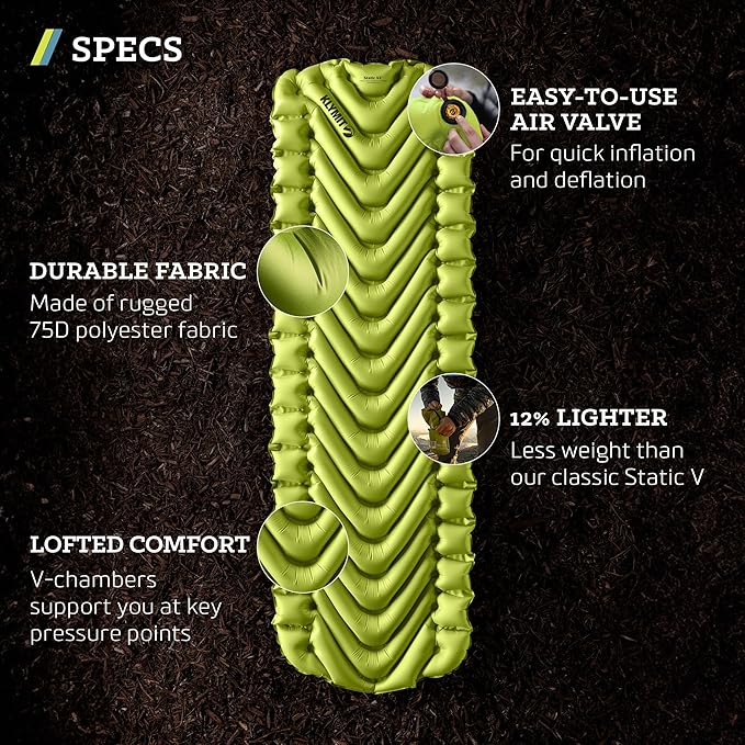KLYMIT Static V2 Inflatable Sleeping Pad | Portable, Ultralight, Easy to Inflate, Foldable Air Bed for Camping, Backpacking & Hiking — Green