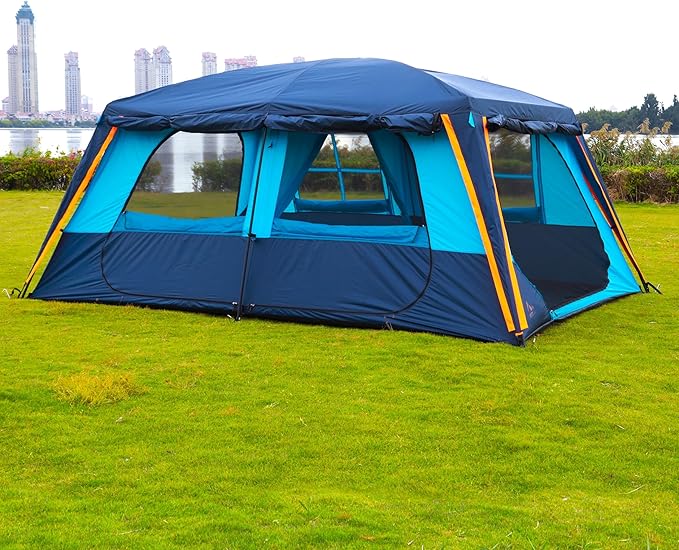 KTT Extra Large Tent 10-12-14 Person(B),Family Cabin Tents,2 Rooms,3 Doors and 3 Windows with Mesh,Straight Wall,Waterproof,Double Layer,Big Tent for Outdoor,Picnic,Camping,Family Gathering