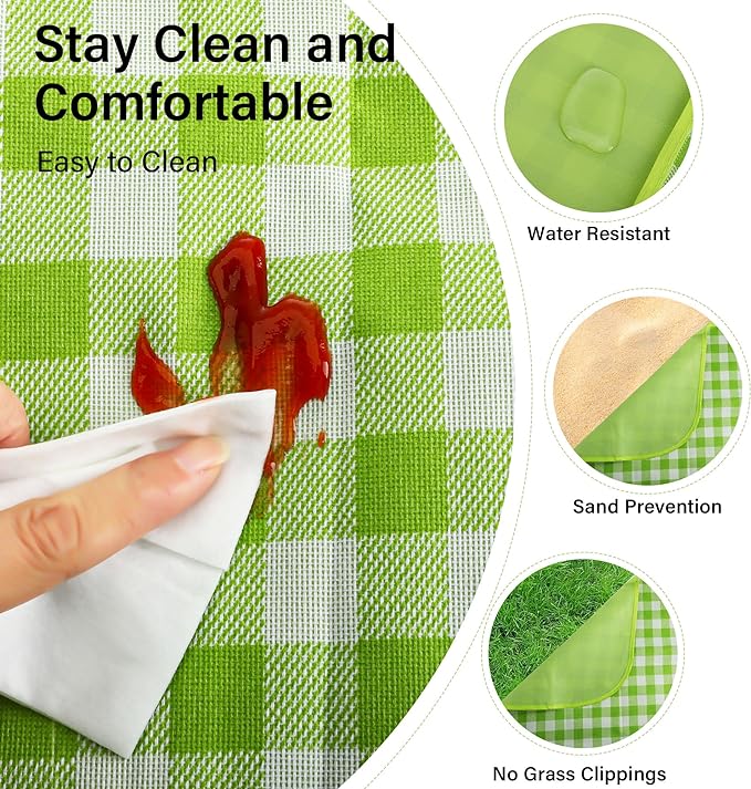 YU FENG Green Picnic Blanket Gingham Foldable Camping Blankets Waterproof Sandproof Outdoor Beach Mat Lightweight Handbag Spring Summer (60x80 inch)