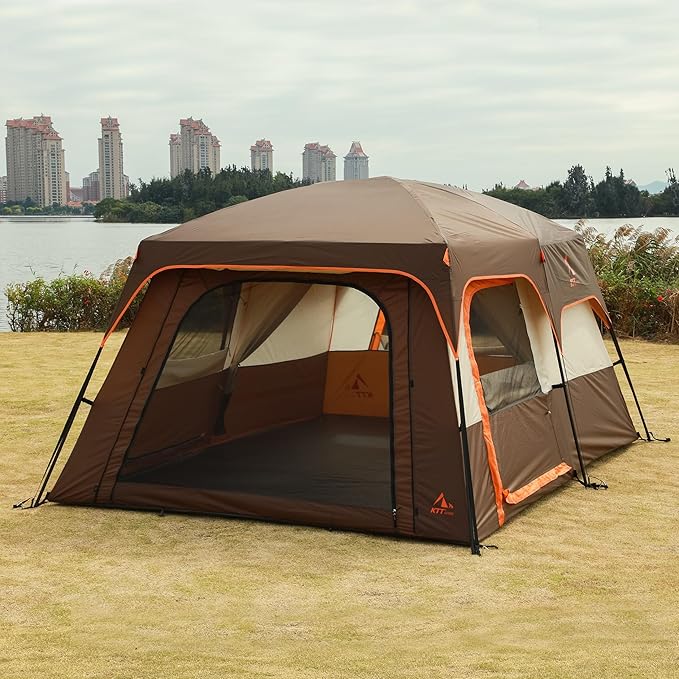 KTT Extra Large Tent 10-12-14 Person(Style-B),Family Cabin Tents,2 Rooms,3 Doors and 3 Windows with Mesh,Straight Wall,Waterproof,Double Layer,Big Tent for Outdoor,Picnic,Camping,Family Gathering