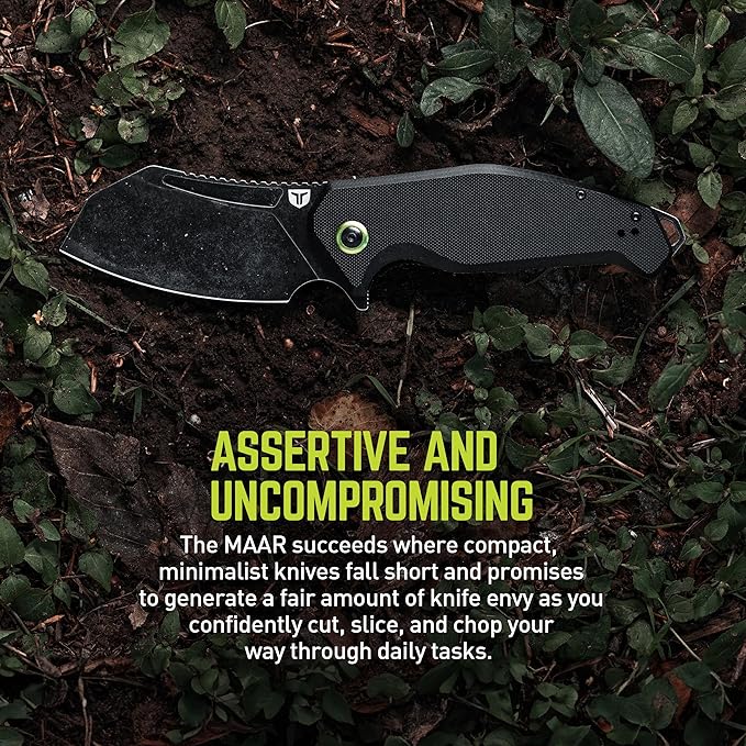 TRUE MAAR Cleaver Flipper Knife: D2 STEEL, BLACK OXIDE, STONEWASH FINISH w/2-WAY CARRY POCKET CLIP