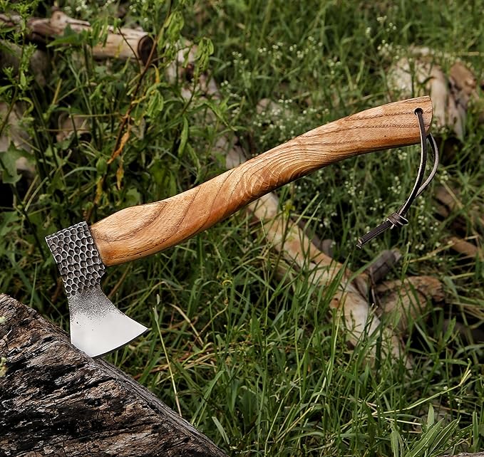 HotSteel Carving Axe Hand Forged Camping Axe with Sheath - Bushcraft Hatchet Camping Small Axe with Wood Handle - Bearded Wooden Axe Survival Hatchet Axe for Chopping Wood and Gardening