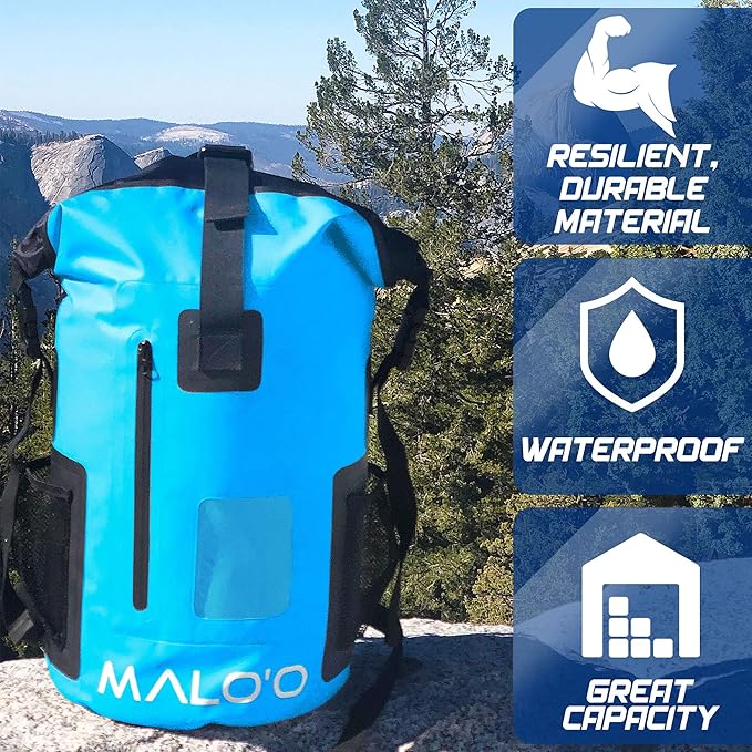 Malo'o 30L Waterproof Roll-Top Backpack - Ideal for Beach, Backpacking, Fishing, and Kayaking - Heavy-Duty Beach and Boat Accessory