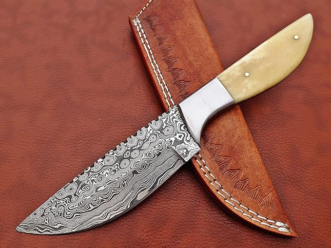 9.5" Walnut wood scale with steel bolster skinning Knife, full tang blade Rain drop pattern straight back hand forged Damascus steel, Cow Leather sheath (White)