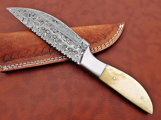 9.5" Walnut wood scale with steel bolster skinning Knife, full tang blade Rain drop pattern straight back hand forged Damascus steel, Cow Leather sheath (White)