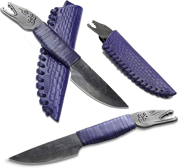 Toferner Hand Forged Knife Fish Head with Sheath, Vintage Knife for Antique Collection, Genuine Leather Case, Hardened Blade, Hand Made Craft, Gift Idea for Men (Blue)