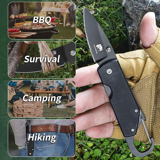 FULLHI Mini Folding Pocket Knife, 2.3" G10 Handle Small Knife with Carabiner Clip for Sharp Camping Survival Hiking Knives ,Gifts for Women Men Birthday Christmas Presents for Mom Dad Friend Gift (AK033)
