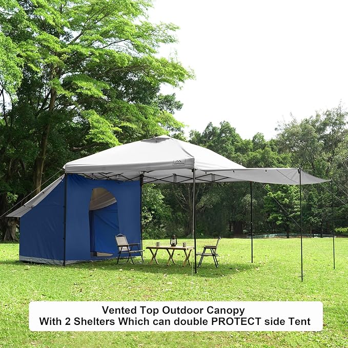 KAMPKEEPER 10x10 pop up Canopy Tent with 2 sidewalls Silver-Coated,Outdoor Canopy Tent for Parties with 2 Shelters,with 4 Poles, 4 Sandbags, 8 Ropes,12 Stakes,and 1 Roller Bags