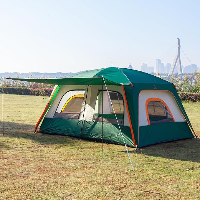 KTT Extra Large Tent 10-12-14 Person(A),Family Cabin Tents,2 Rooms,3 Doors and 3 Windows with Mesh,Straight Wall,Waterproof,Double Layer,Big Tent for Outdoor,Picnic,Camping,Family Gathering