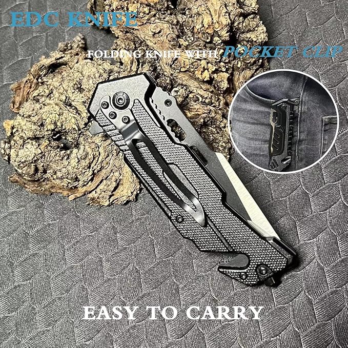 HELLOWZXD Folding Pocket Knife - Glass Breaker,Strap Cutter,7mov13 Stainless Steel Tanto Folding Knives - Smoothy Ball Bearing,Aluminum Handle w Clip EDC Knife for Survival Camping Hiking