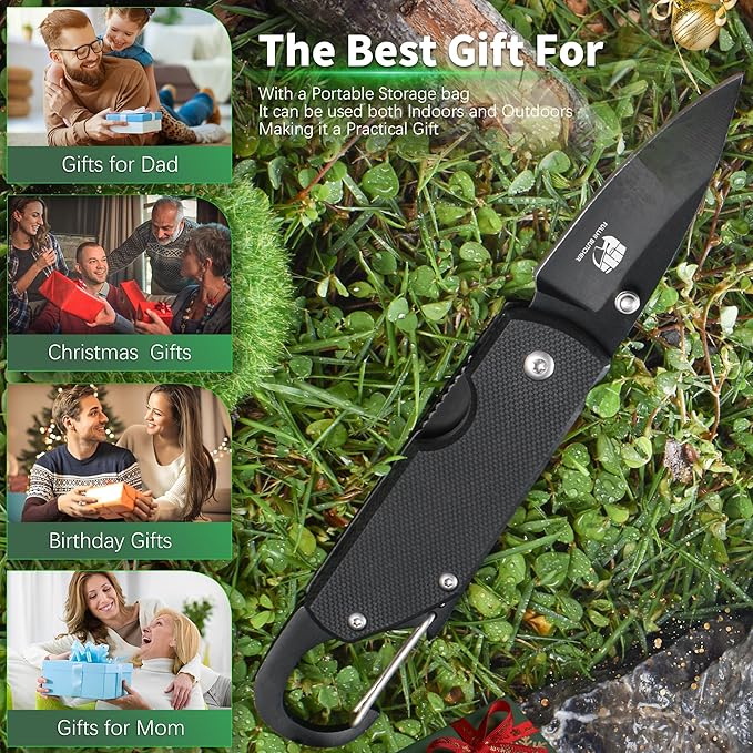 FULLHI Mini Folding Pocket Knife, 2.3" G10 Handle Small Knife with Carabiner Clip for Sharp Camping Survival Hiking Knives ,Gifts for Women Men Birthday Christmas Presents for Mom Dad Friend Gift (AK033)