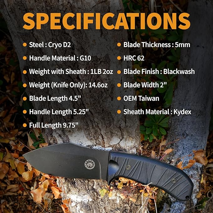 Off-Grid Knives - Alpha-Dog Heavy Duty Fixed Blade Knife, 5mm Thick Cryogenic D2 Blade Steel, Full Tang, G10 Scales, XL Handle