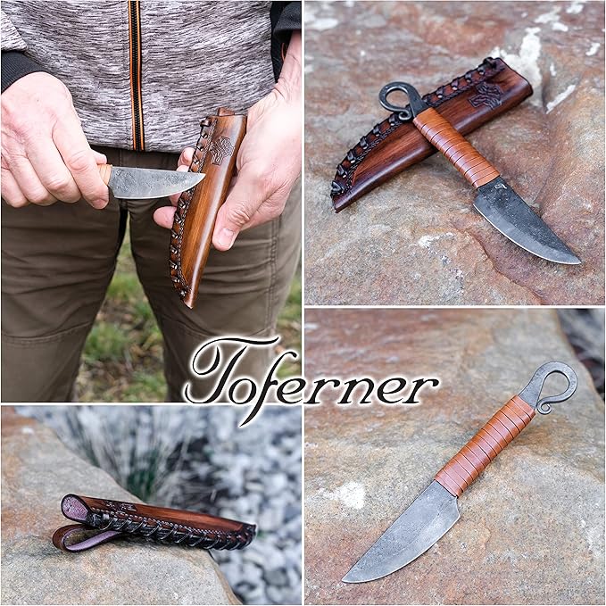 Toferner Hand Forged Knife Volute with Sheath, Vintage Knife for Antique Collection, Genuine Leather Case, Hardened Blade, Hand Made Craft, Gift Idea for Men (Brown)