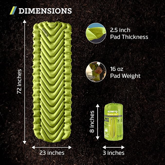 KLYMIT Static V2 Inflatable Sleeping Pad | Portable, Ultralight, Easy to Inflate, Foldable Air Bed for Camping, Backpacking & Hiking — Green