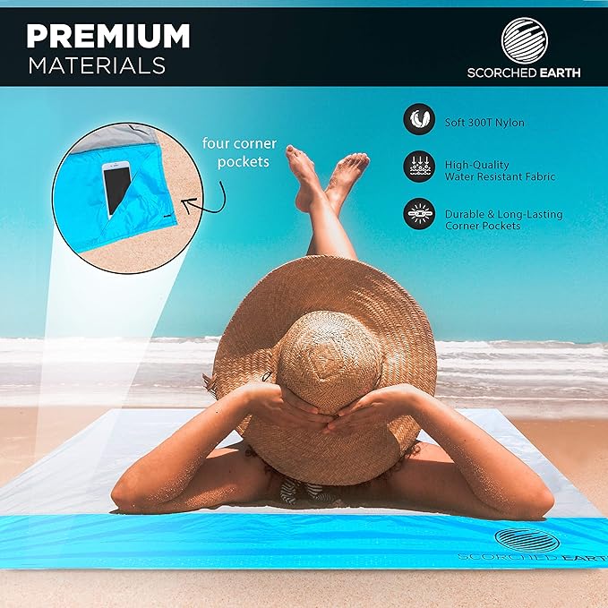 Pocket Blanket for Beach, Travel, Outdoor, Camping, Hiking, Picnic, Festival, Sports - Water Resistant, Compact, Durable Tarp - Corner Pockets, Bag, Built in Stakes (Aqua Blue, 60x55)