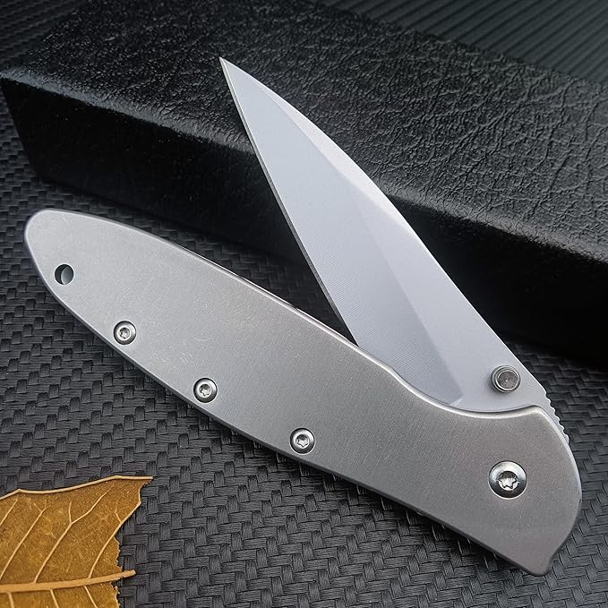 HUAAO Outdoor Flipper Pocket Folding Knife 3" Bead Blast Plain Blade, Stainless Steel Handles Frame Lock,Reversible Pocketclip