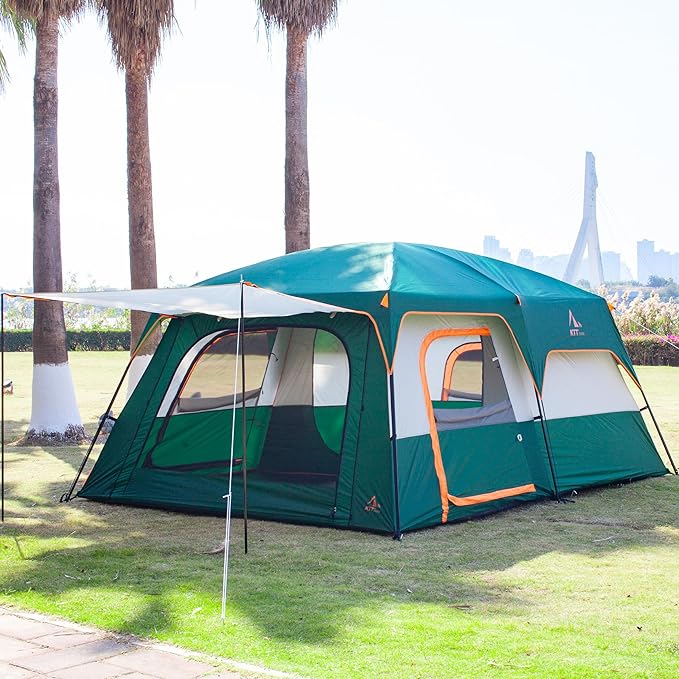 KTT Extra Large Tent 10-12-14 Person(Style-B),Family Cabin Tents,2 Rooms,3 Doors and 3 Windows with Mesh,Straight Wall,Waterproof,Double Layer,Big Tent for Outdoor,Picnic,Camping,Family Gathering