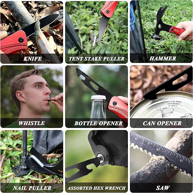 RoverTac 13-in-1 Multi Tool Gifts for Men Dad Camping Essentials Survival Gear Garden Multitool Hammer Knife Saw Tent Stake Puller Digging Tool Bottle Opener Whistle Fire Starter Mens Gifts
