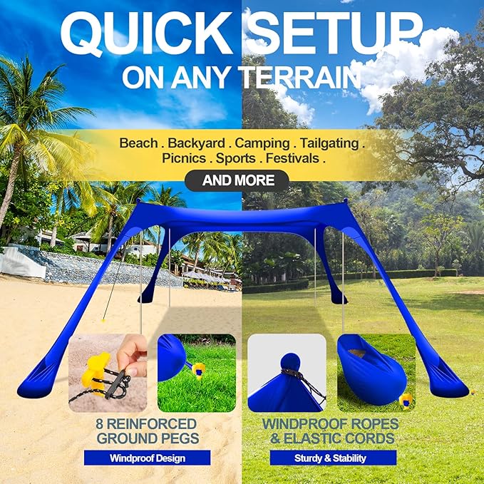 Buheco Beach Tent Pop Up Shade 7x7.5ft Beach Canopy Sun Shelter UPF50+ with 4 Foldable Poles-Portable Carrying Bag-Sand Shovel-Ground Pegs-Windproof Ropes for Outdoor Family Camping-Fishing- Picnic