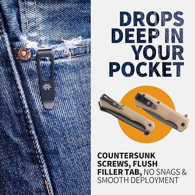 Off-Grid Knives - Stinger EDC Folding Knife with Drop Point Blade, Full Flat Grind, Crucible 154CM Steel, G10 Scales, Deep Carry Clip, Everyday Carry (Coyote)