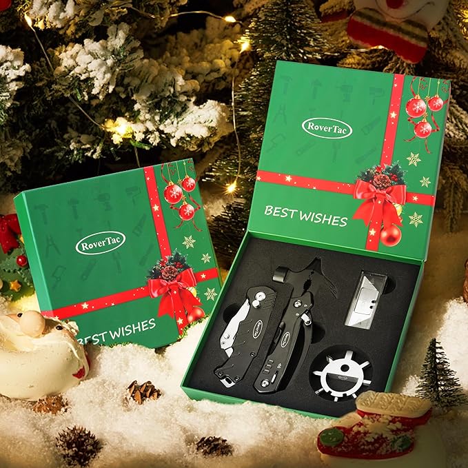 RoverTac Tool Set for Mens Gifts-Christmas Gifts for Men Gifts for Dad Husband Gifts Dad Gifts Boyfriend Christmas Gifts Mens Stocking Stuffers-12 in 1 Multitool Hammer Box Cutter Snowflake Multitool