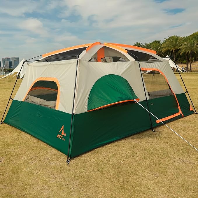 KTT Extra Large Tent 10-12-14 Person(Style-B),Family Cabin Tents,2 Rooms,3 Doors and 3 Windows with Mesh,Straight Wall,Waterproof,Double Layer,Big Tent for Outdoor,Picnic,Camping,Family Gathering
