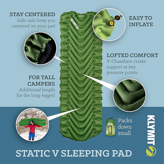 Klymit Static V Long Inflatable Sleeping Pad for Camping, Lightweight Hiking and Backpacking Air Bed For Tall Campers, 2.5 Inch Thick, Green