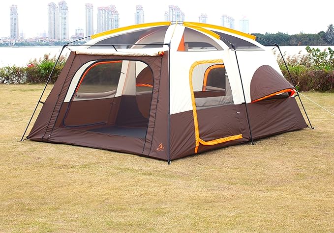 KTT Extra Large Tent 10-12-14 Person(Style-B),Family Cabin Tents,2 Rooms,3 Doors and 3 Windows with Mesh,Straight Wall,Waterproof,Double Layer,Big Tent for Outdoor,Picnic,Camping,Family Gathering