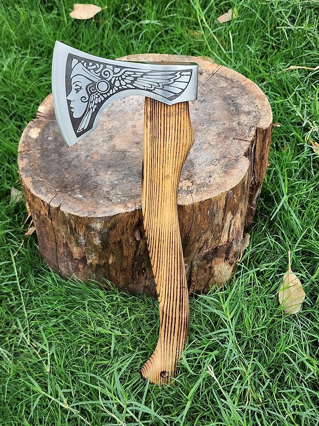 Handmade Forged Stainless Steel Viking Axe, Hatchet with Leather Sheath, Throwing Axe, Camping Axe, Solid Wood Handle Multiple Designs (Axe CK-9)