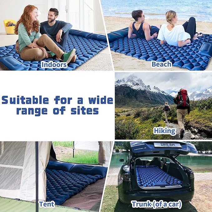 Double Sleeping Pad for Camping, 2 Person Ultralight Inflatable Sleeping Mat with Pillow and Built-in Foot Pump, Portable Camping Mattress for Tent, Backpacking, Hiking, Traveling