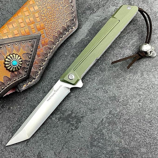 TACTICAL GEARZ EDC Pocket Folding Knife with G10 Handle - Tanto D2 Steel Blade, Nyx ST (Olive Beast Bundle)