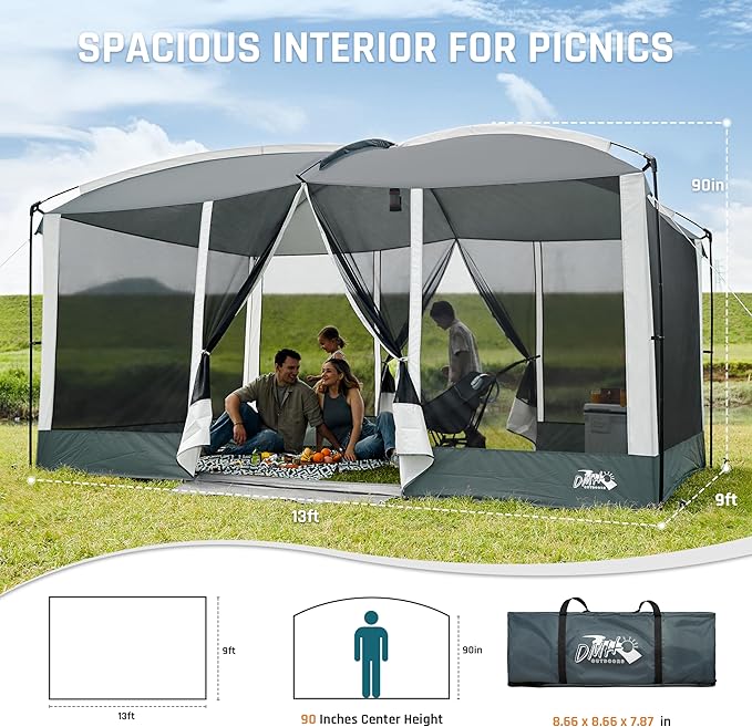 Screen House Tent 13x9ft Screen Room Mesh Gazebos w/ 2 Magnetic Doors, Included Projection Screen, Camping Tent Screened Canopy Shelter for Outdoor Patios Backyards Activities