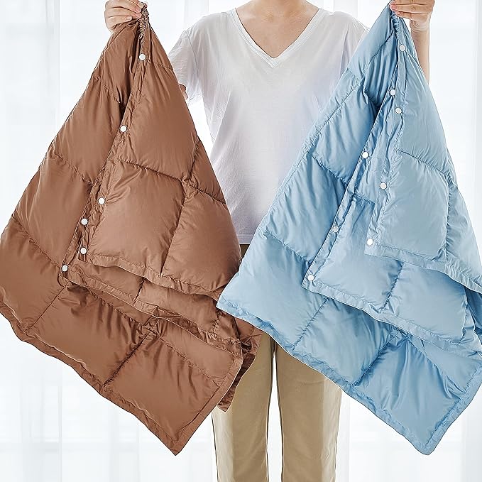 Mini Down Camping Blanket,Puffy Down Blanket Packable Lightweight Down Throw Quilt Water-Resistant Outdoor Travel Blanket for Camping,Hiking,Stadium,Picnic,Car 35x59''Brown