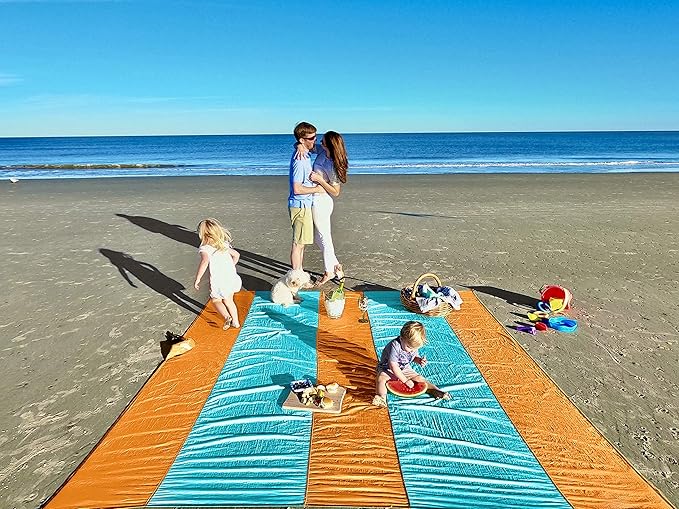 Premium XXL Beach Blanket Sandproof Water Resistant Quick Dry Mat 10ft by 9ft for 1-8 Adults with 4 Metal Stakes, 4 Corner Pockets, Secure Clip and Strap, and Attached Bag